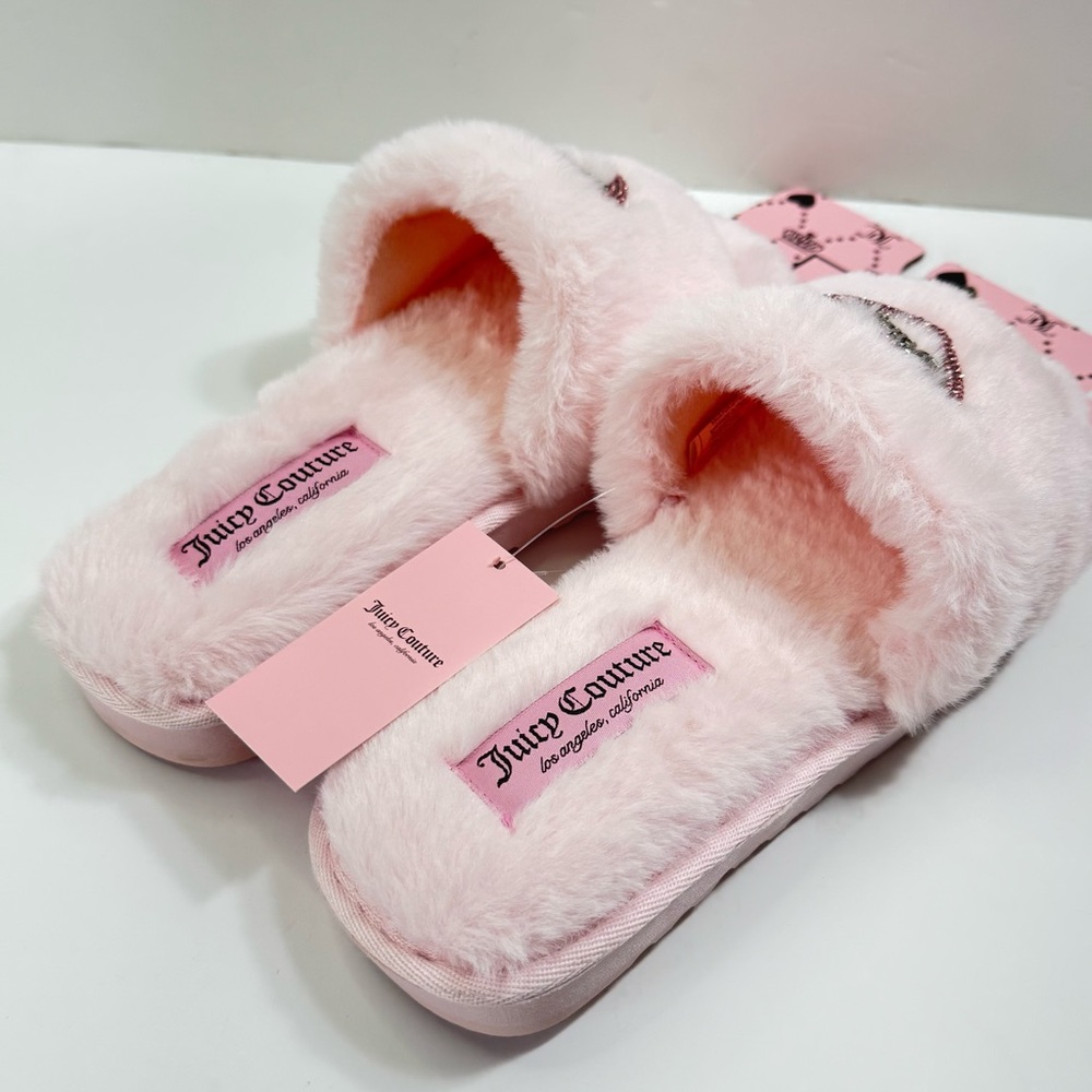 Juicy Couture YK2 JC-Hearty Pink Studded Heart-Faux Fur Slippers - Picture 6 of 8